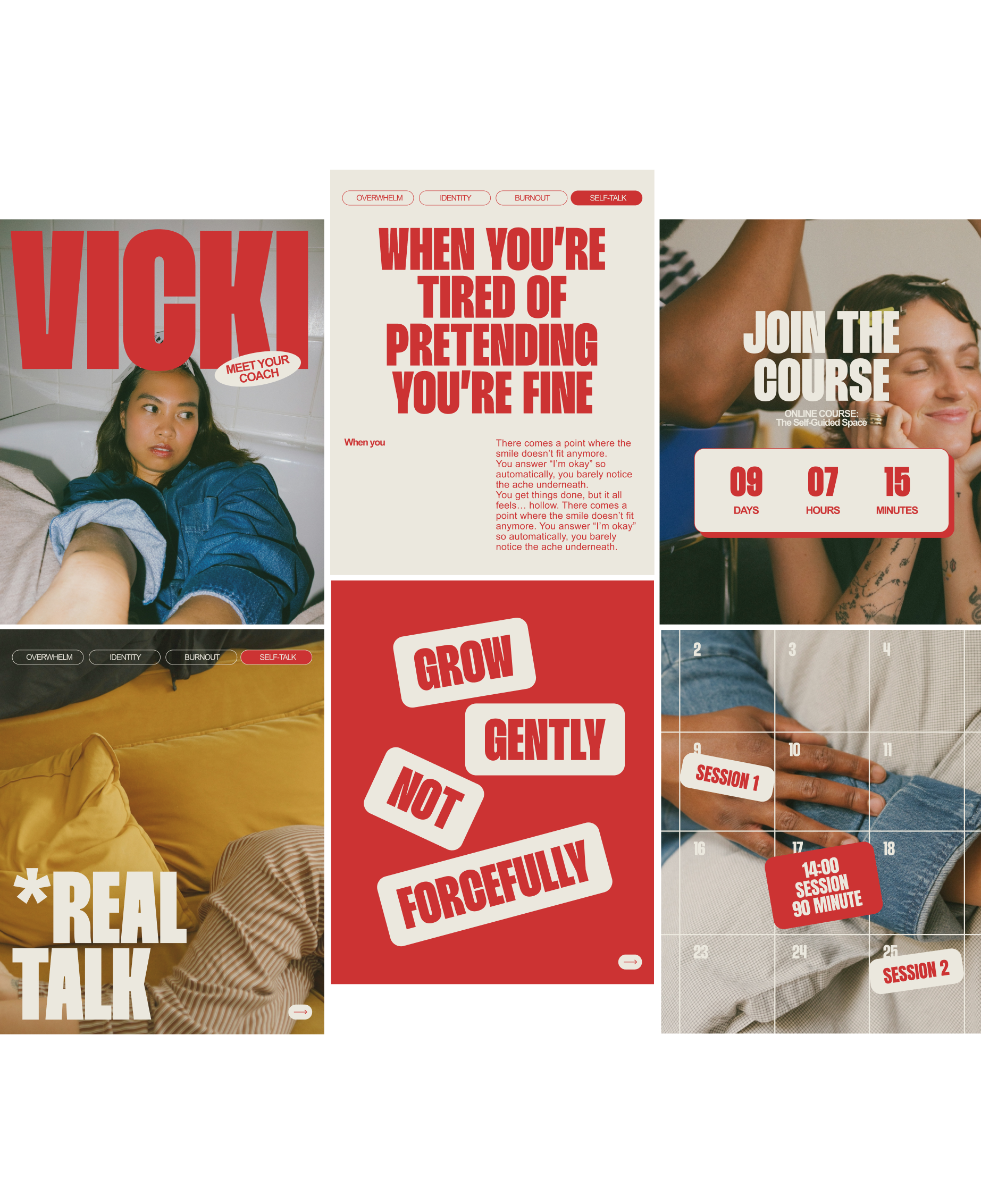 Six VICKI Canva Instagram designs with red and cream typography, portrait photos, a course countdown and a calendar.