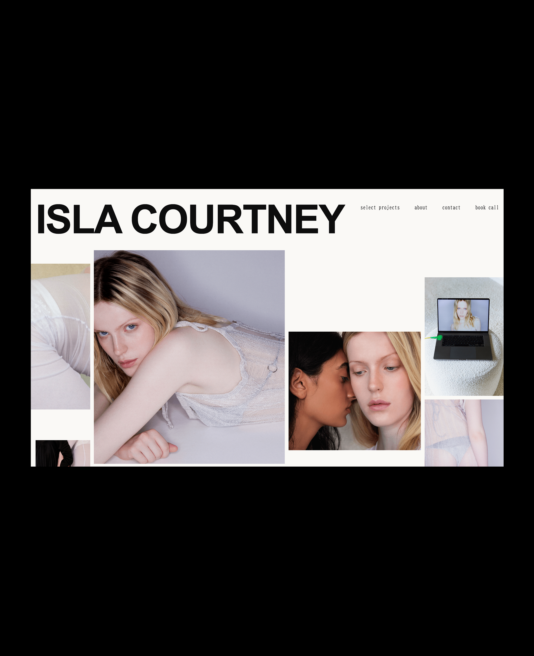 ISLA Squarespace portfolio template with an oversized wordmark and an asymmetric collage of fashion portraits.