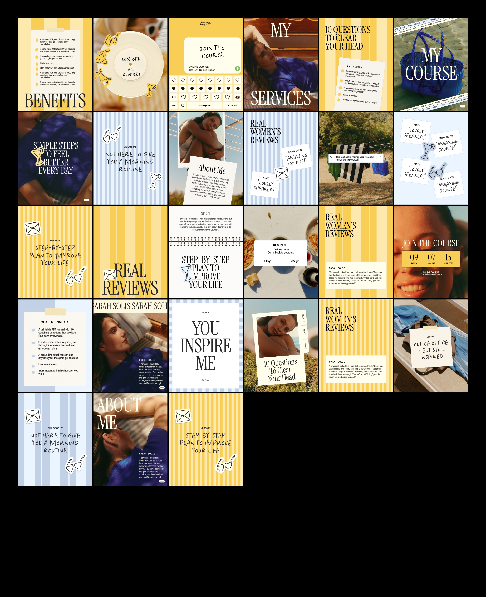 SARAH Canva Instagram template collection in a coordinated grid of yellow, blue and cream layouts.