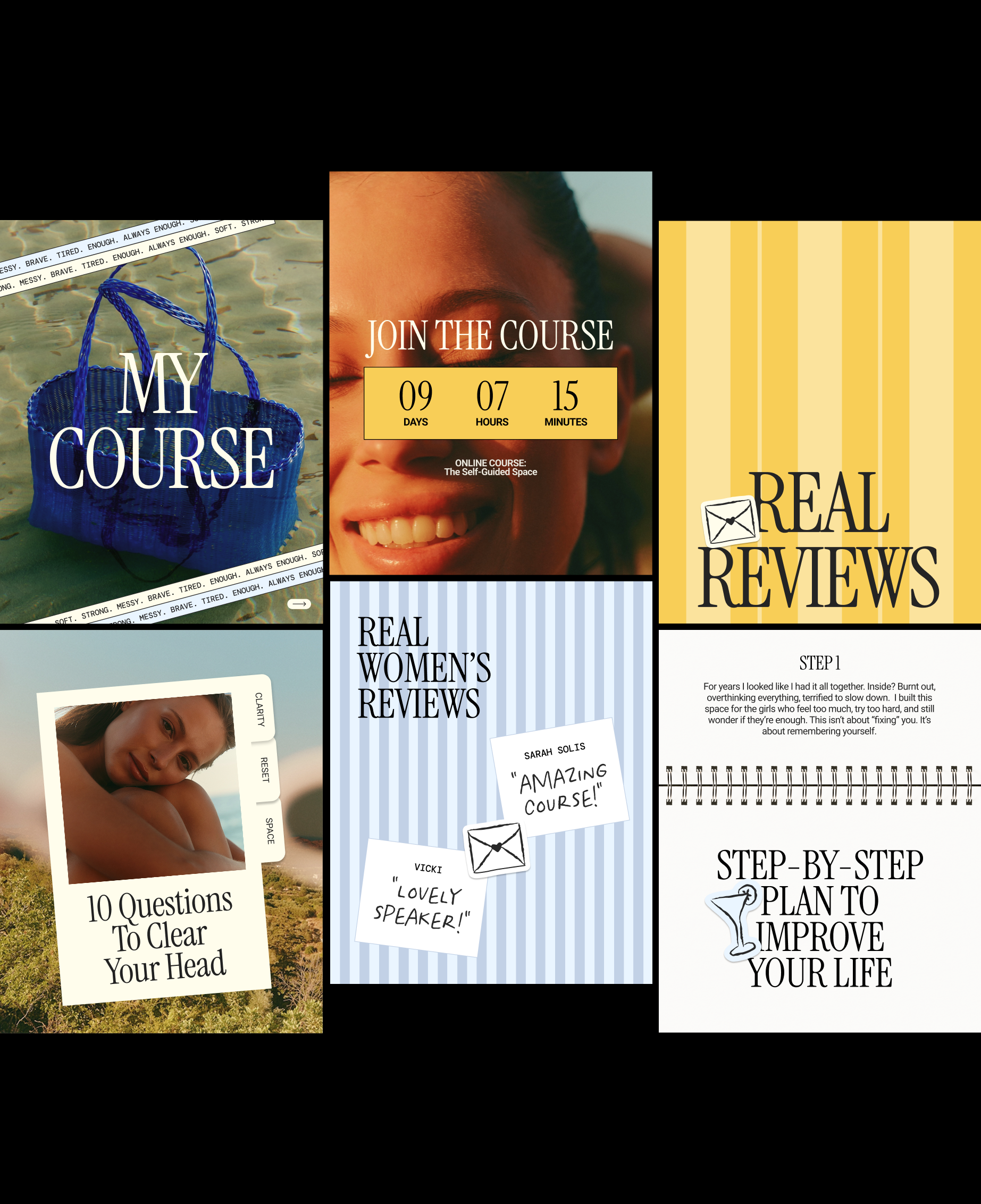 Six SARAH Canva Instagram post designs showing course promotions, a countdown, reviews and workbook layouts.