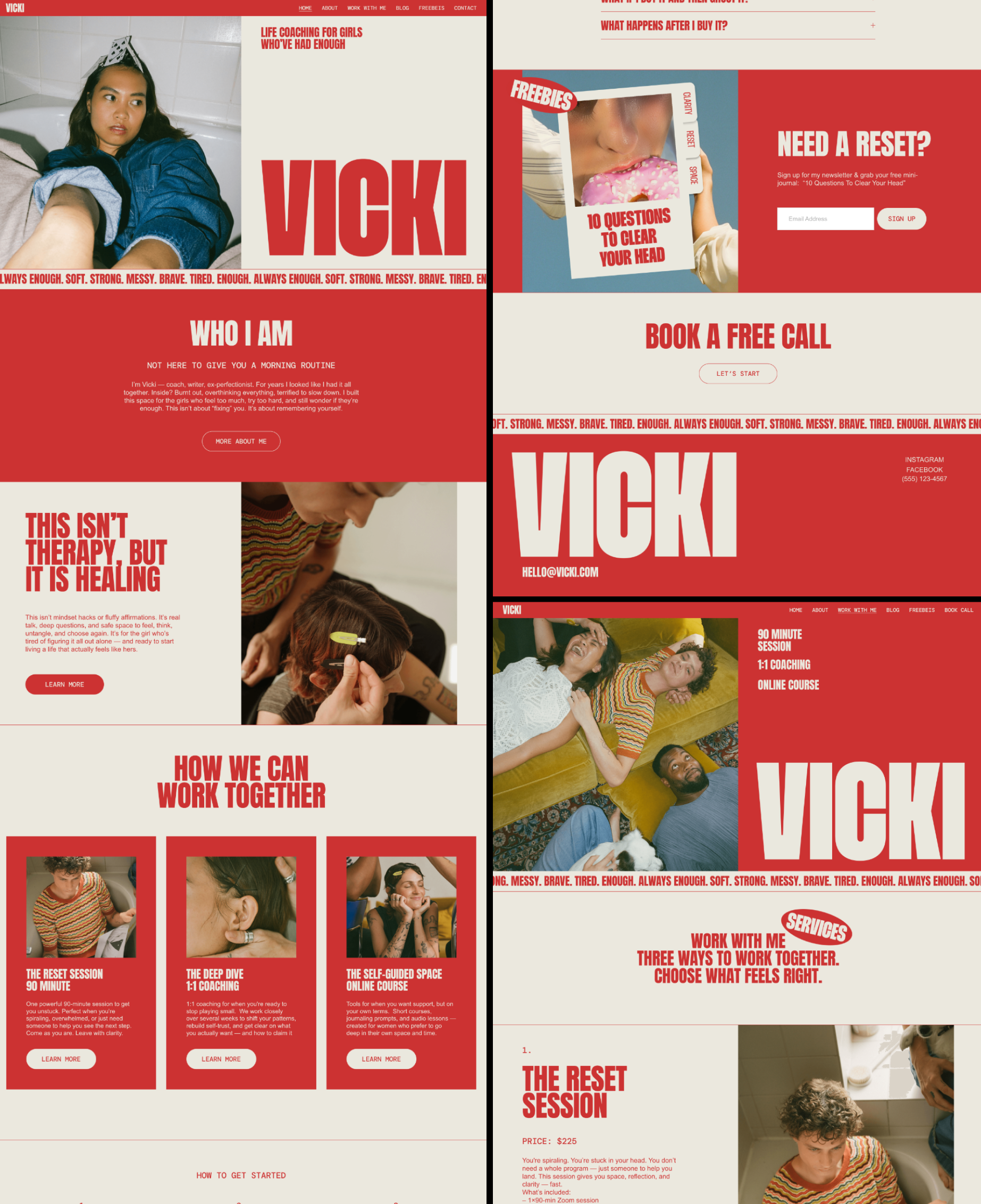 Overview of Vicki website pages with service cards, newsletter signup and a call booking section.