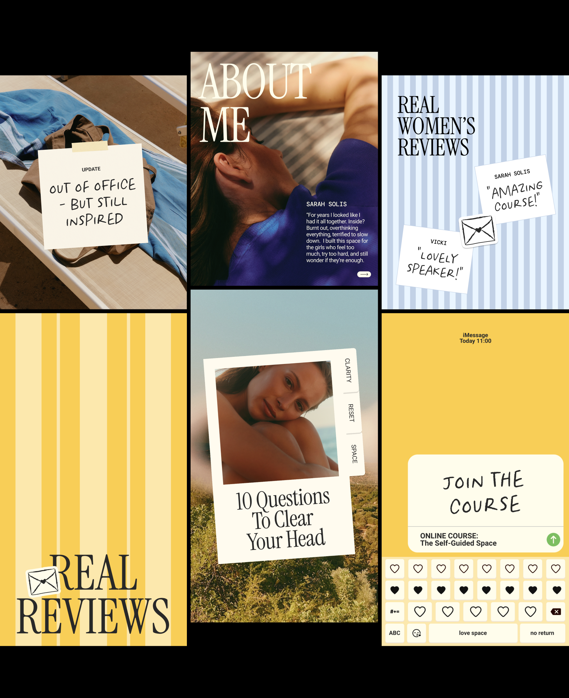 SARAH Canva Instagram story designs with yellow and blue stripes, an about section, reviews and a course invitation.
