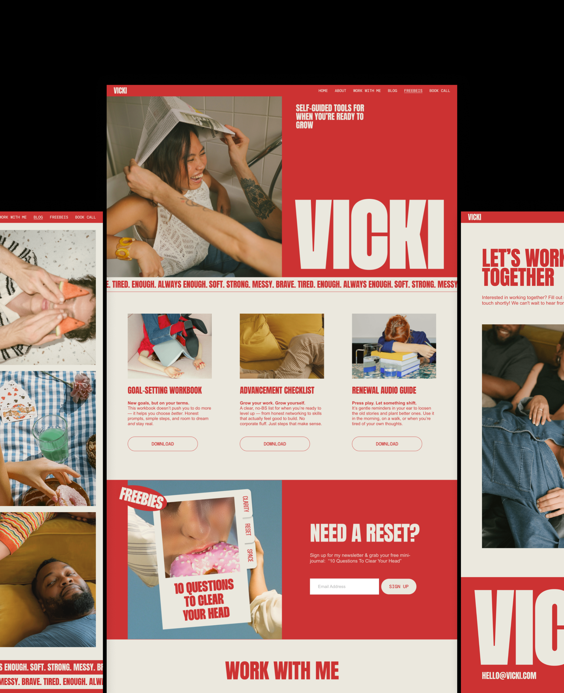 Vicki website template preview showing a freebies page with download cards and an email signup section.