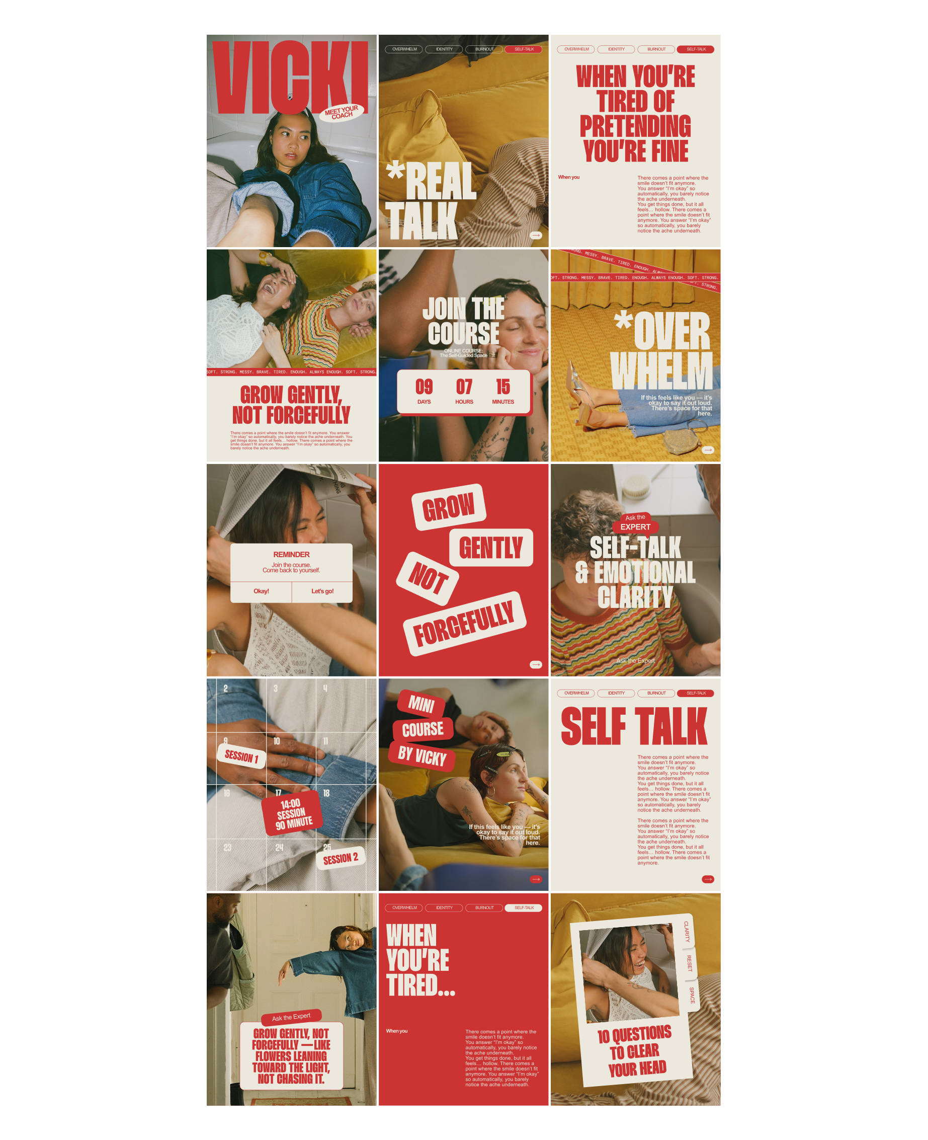 VICKI Canva Instagram post collection in a three-column grid with red, cream and mustard layouts.