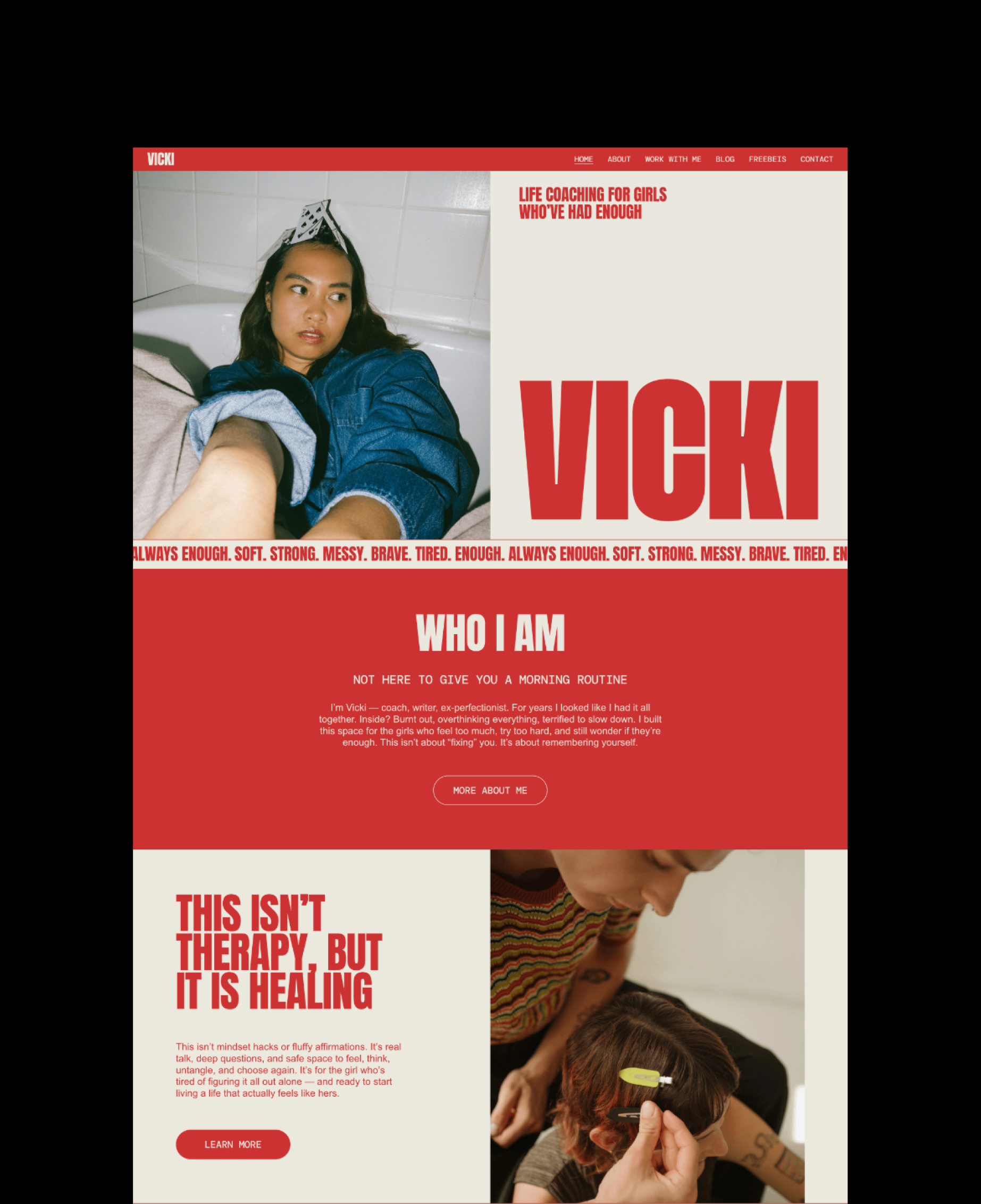 Vicki homepage layout with an introduction, red and cream sections, lifestyle photos and clear call-to-action buttons.
