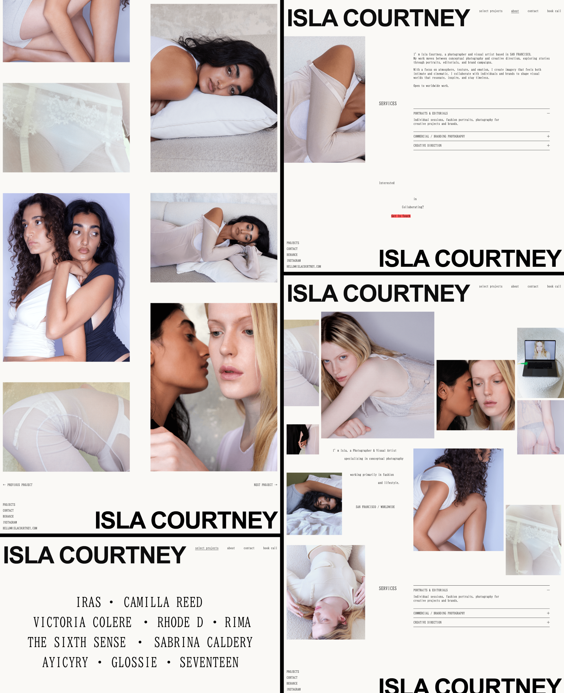 ISLA Squarespace template page collection showing editorial image galleries, an about section and service details.