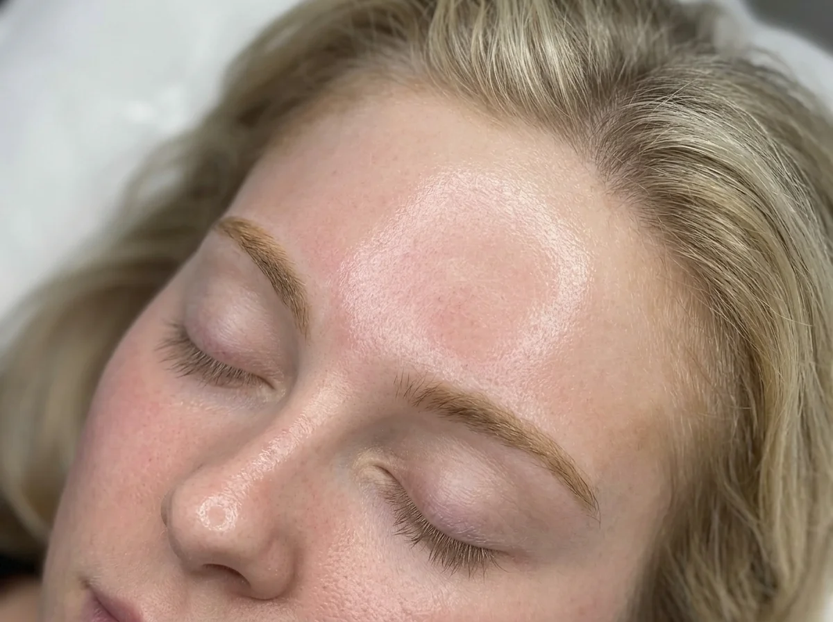 Close-up of a woman's face with closed eyes, showing smooth skin and blonde hair, lying down with a calm expression.