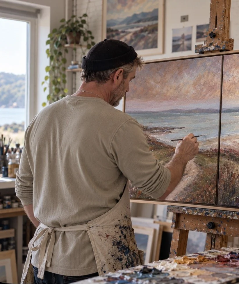 Artist Justin Butler painting a coastal landscape diptych in his studio, viewed from behind at an easel surrounded by brushes and oil paints.