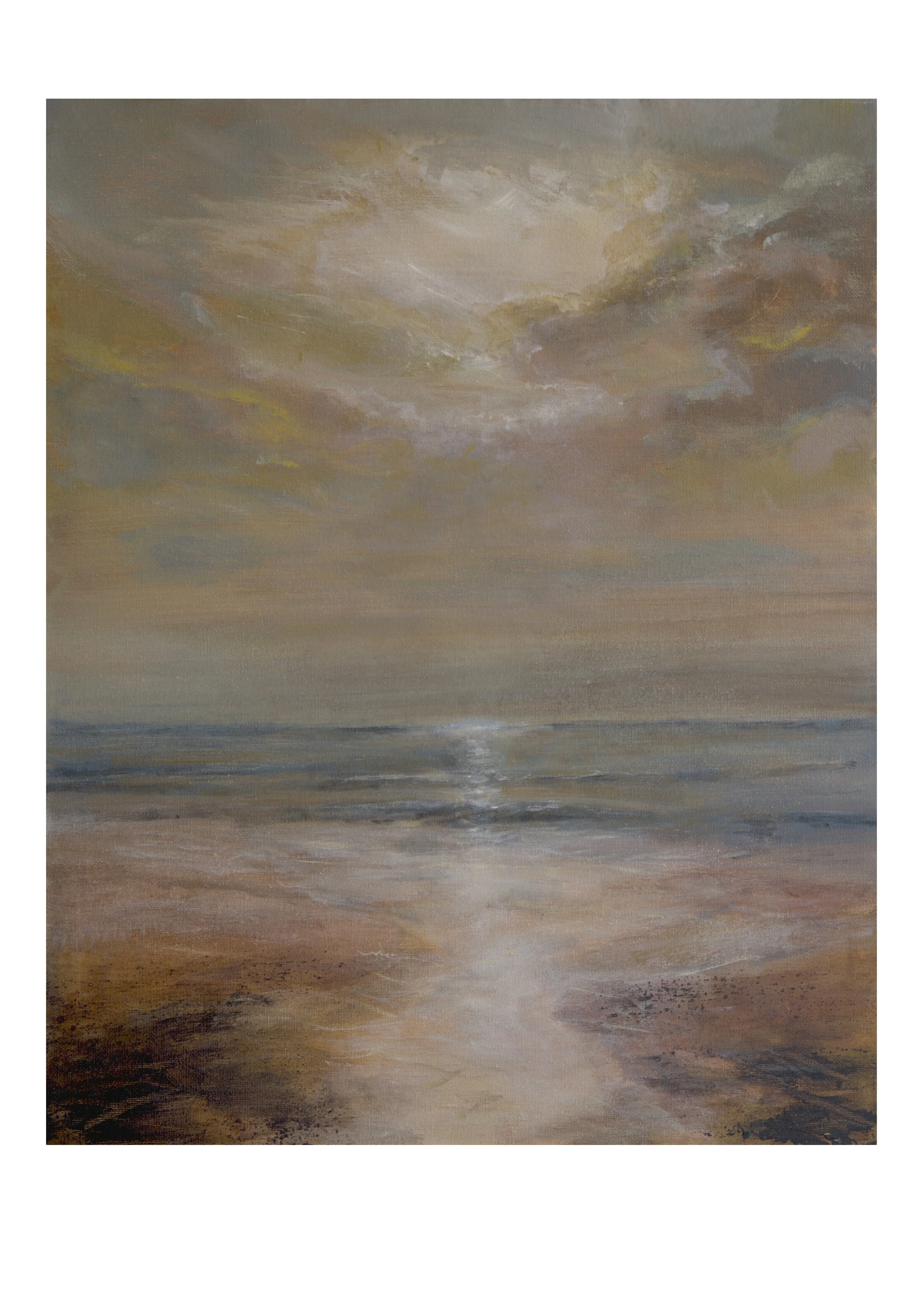 Heaven Sent by Justin Butler, atmospheric semi-abstract oil and acrylic seascape painting featuring a softly illuminated horizon, warm ochre and rose-coloured clouds, and gentle light reflected across the water.
