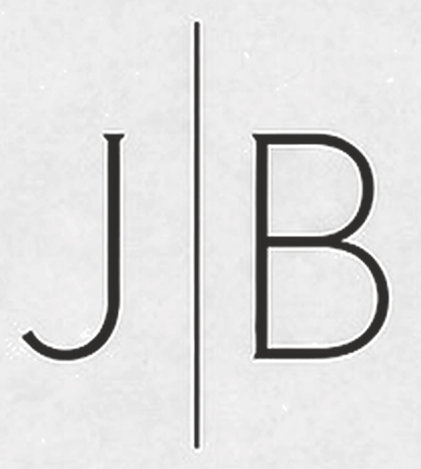 Justin Butler Art monogram featuring minimalist J and B lettering separated by a fine vertical line.