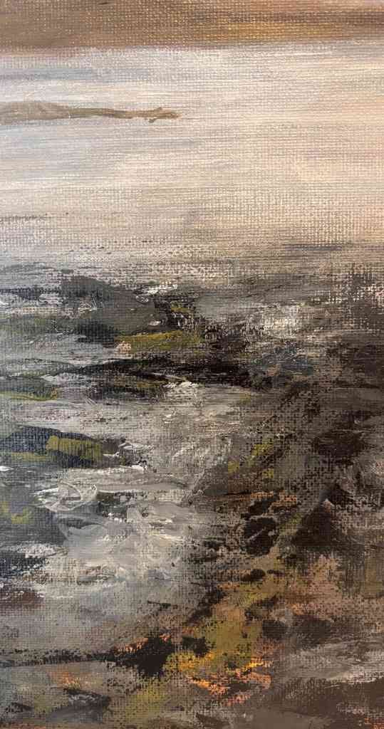 Atmospheric Skye landscape painting with a pale sky, reflective water and richly textured rocky foreground.