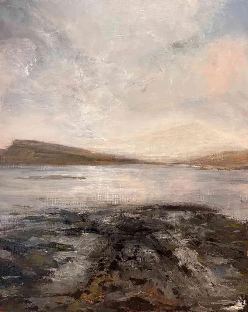 Weathering Light over Skye by Justin Butler, atmospheric semi-abstract oil and acrylic landscape painting depicting rugged Scottish coastline, distant hills and shifting golden light reflected across the water beneath a dramatic sky.