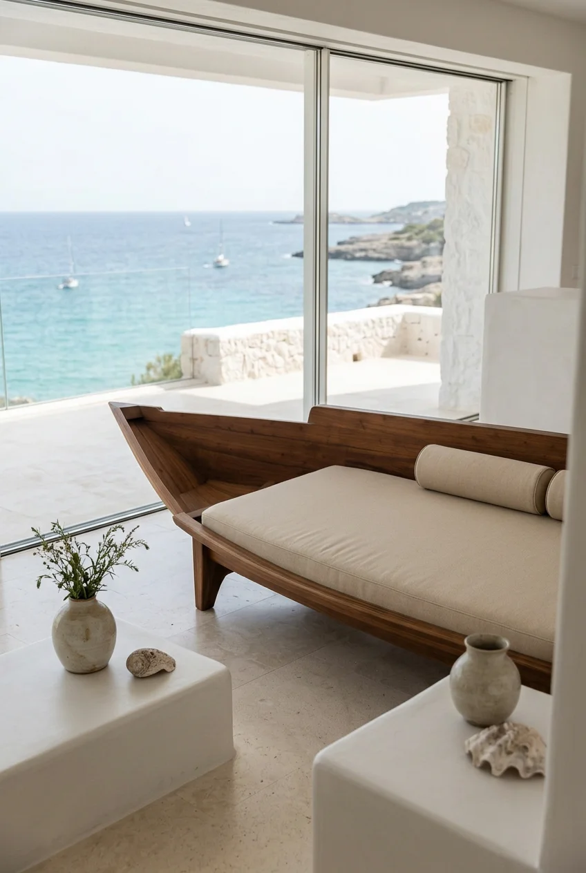 Interior of a living room with a view of the ocean through glass doors. A wooden lounge chair with beige cushions and a cylindrical pillow, two white side tables with vases and shells, and a balcony overlooking the water and rocky coastline.