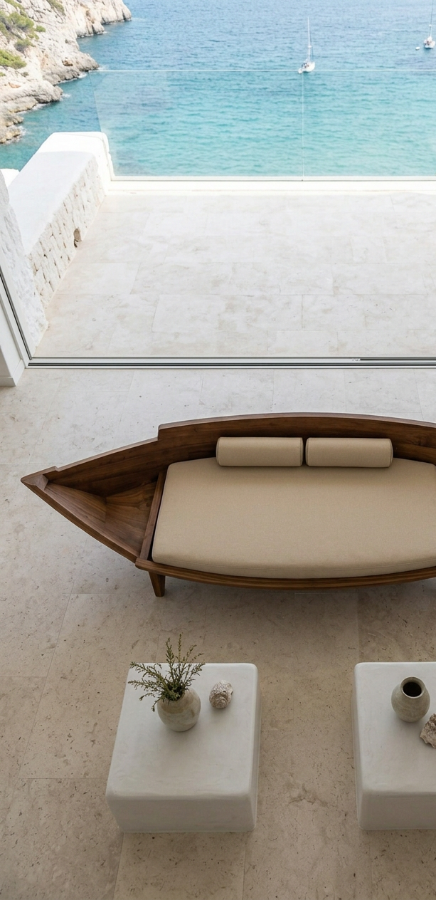 Modern interior with a large glass window overlooking a blue ocean and cliffs, featuring a teak boat-shaped bench with beige cushions, and two white tables decorated with small vases and stones.