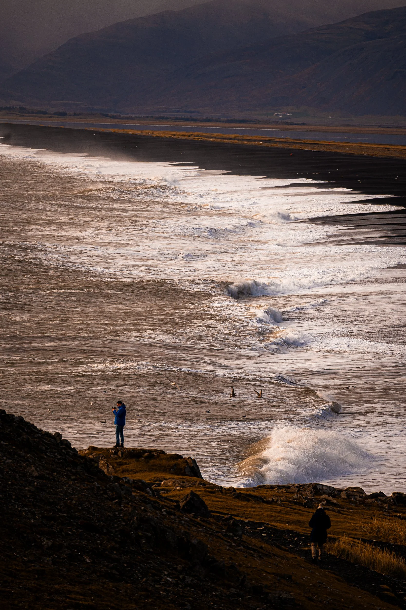 Waves breaking on a black sand beach beneath mountains, with seabirds and people watching from the rocky shore