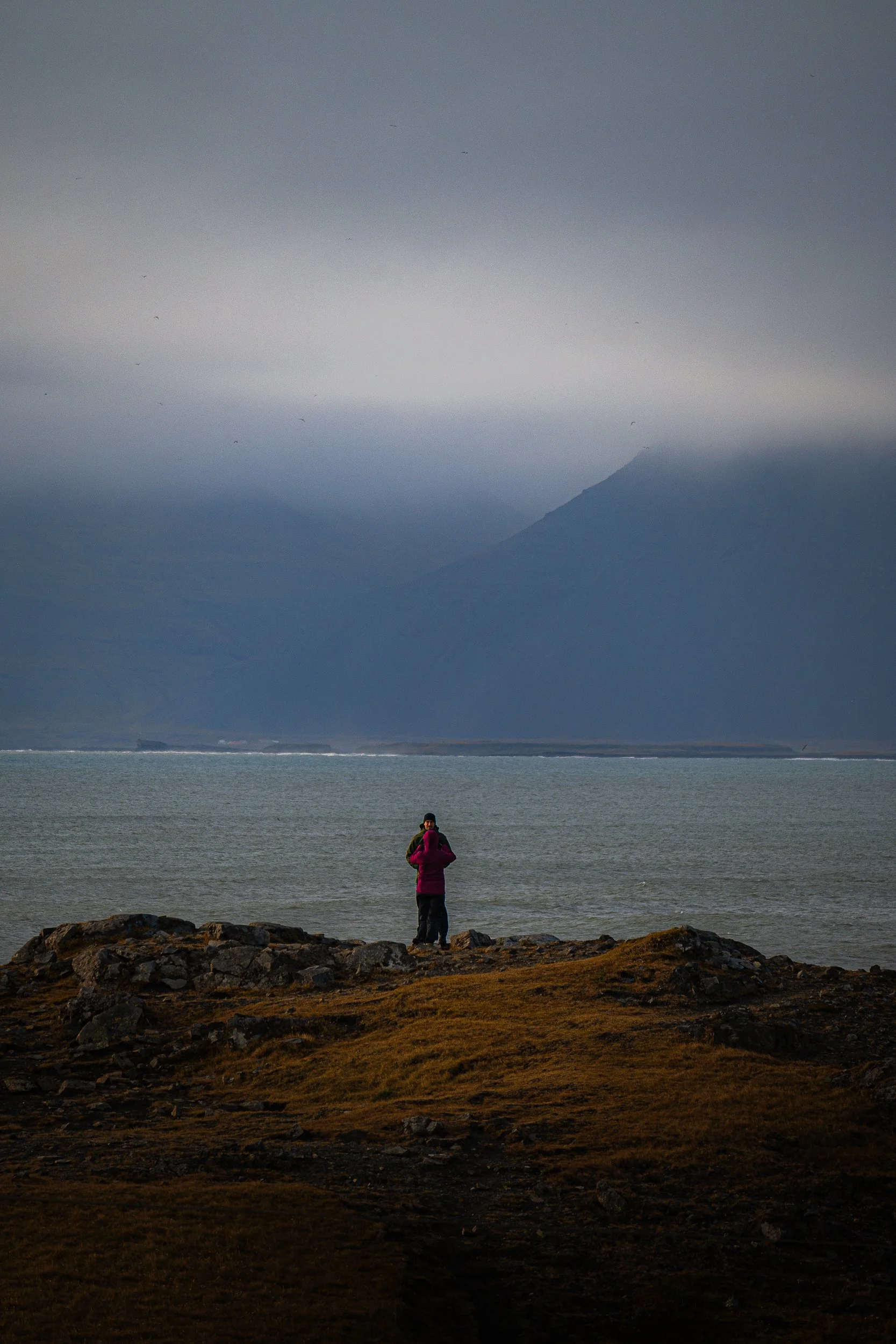 Person in a magenta jacket standing on rocky shore overlooking a calm ocean and misty mountain under an overcast sky