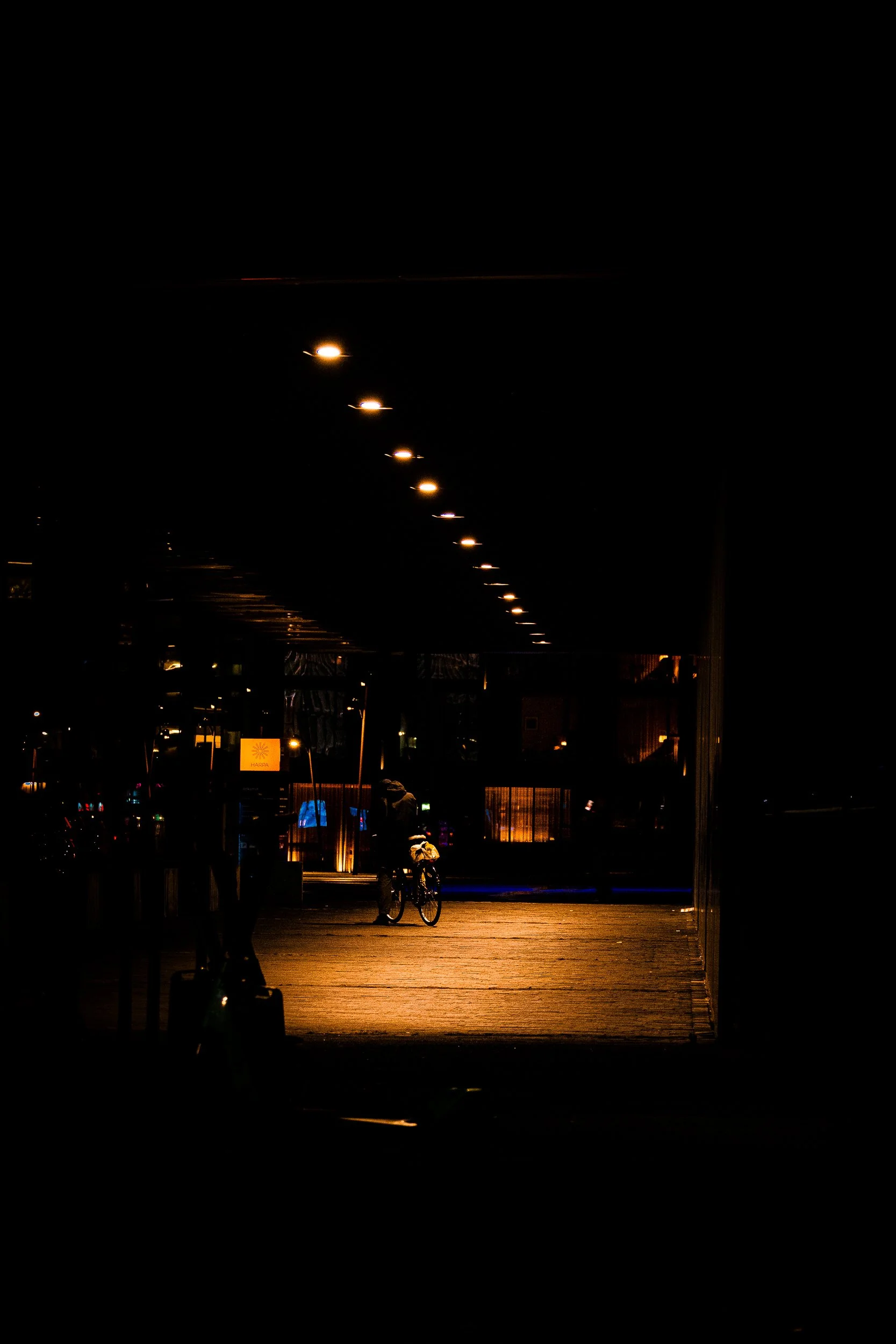 Nighttime urban plaza with a cyclist beneath a row of streetlights and a visible HARPA sign