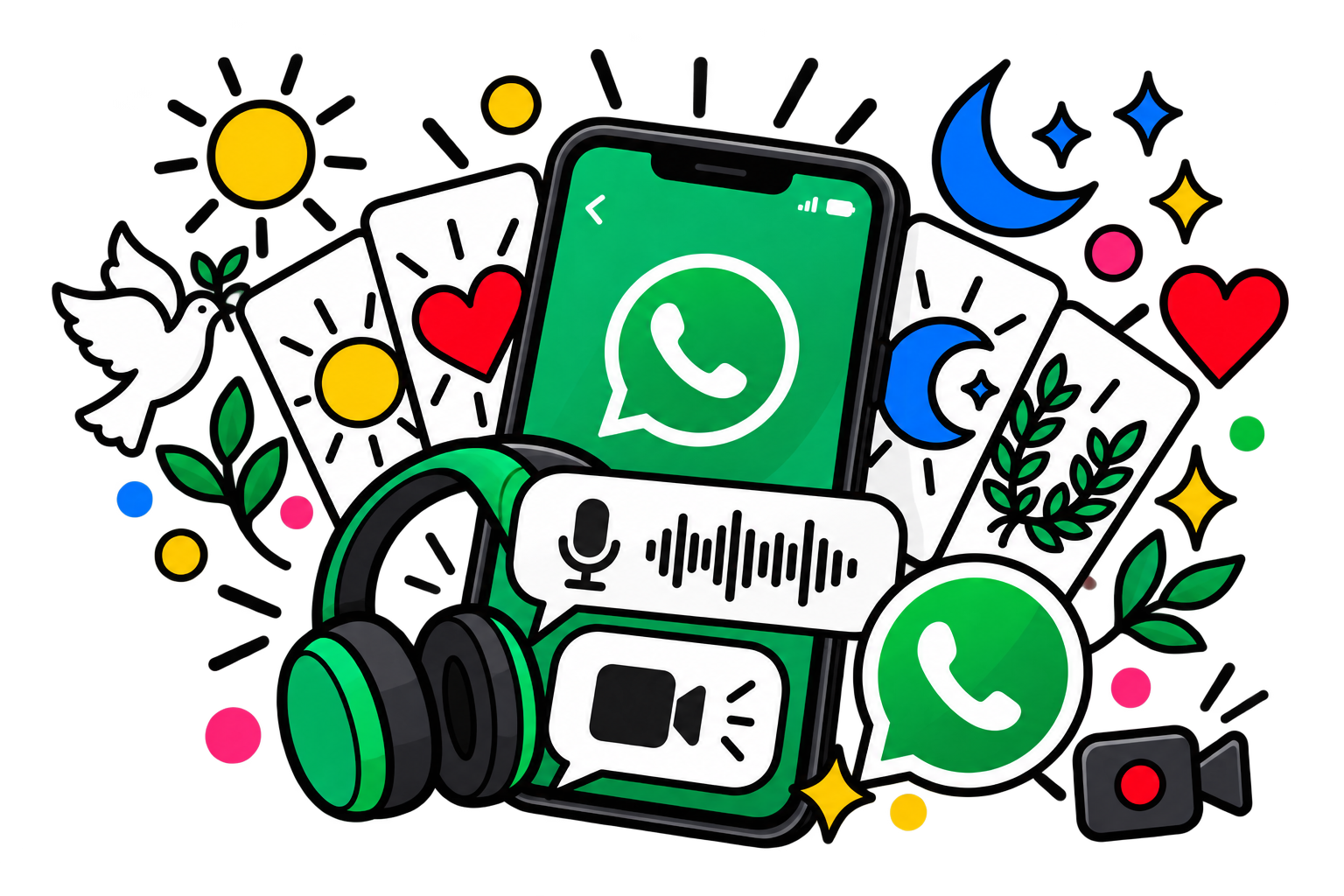 Illustration colorée de WhatsApp avec smartphone, messages vocaux et vidéo, écouteurs, symboles jour et nuit, colombe et cœurs.