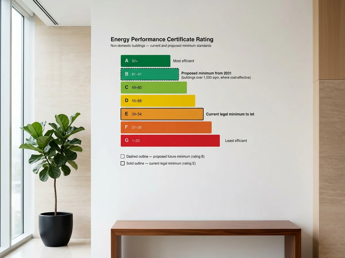 Energy Performance Certificate rating chart showing bands A to G, with the current legal minimum at band E and the proposed future minimum at band B
