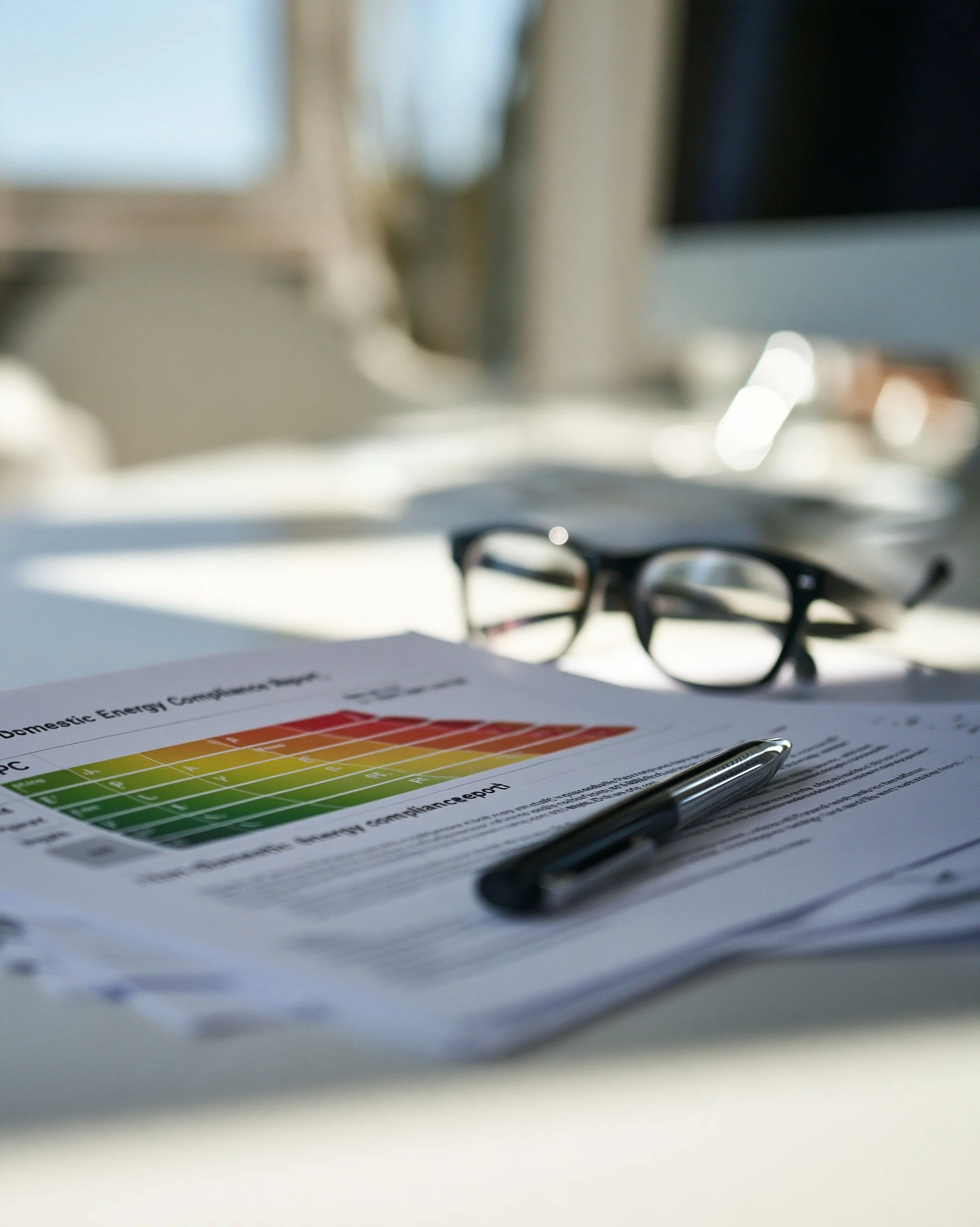 Close-up of a non-domestic energy compliance report with a colour-coded energy efficiency chart, a pen, and reading glasses on a desk.