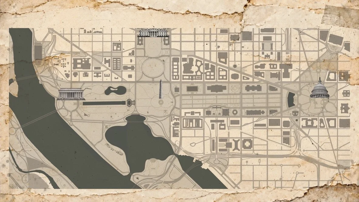 A vintage map of Washington D.C. showing landmarks such as the Lincoln Memorial, Capitol Building, and the National Mall with aged paper texture.