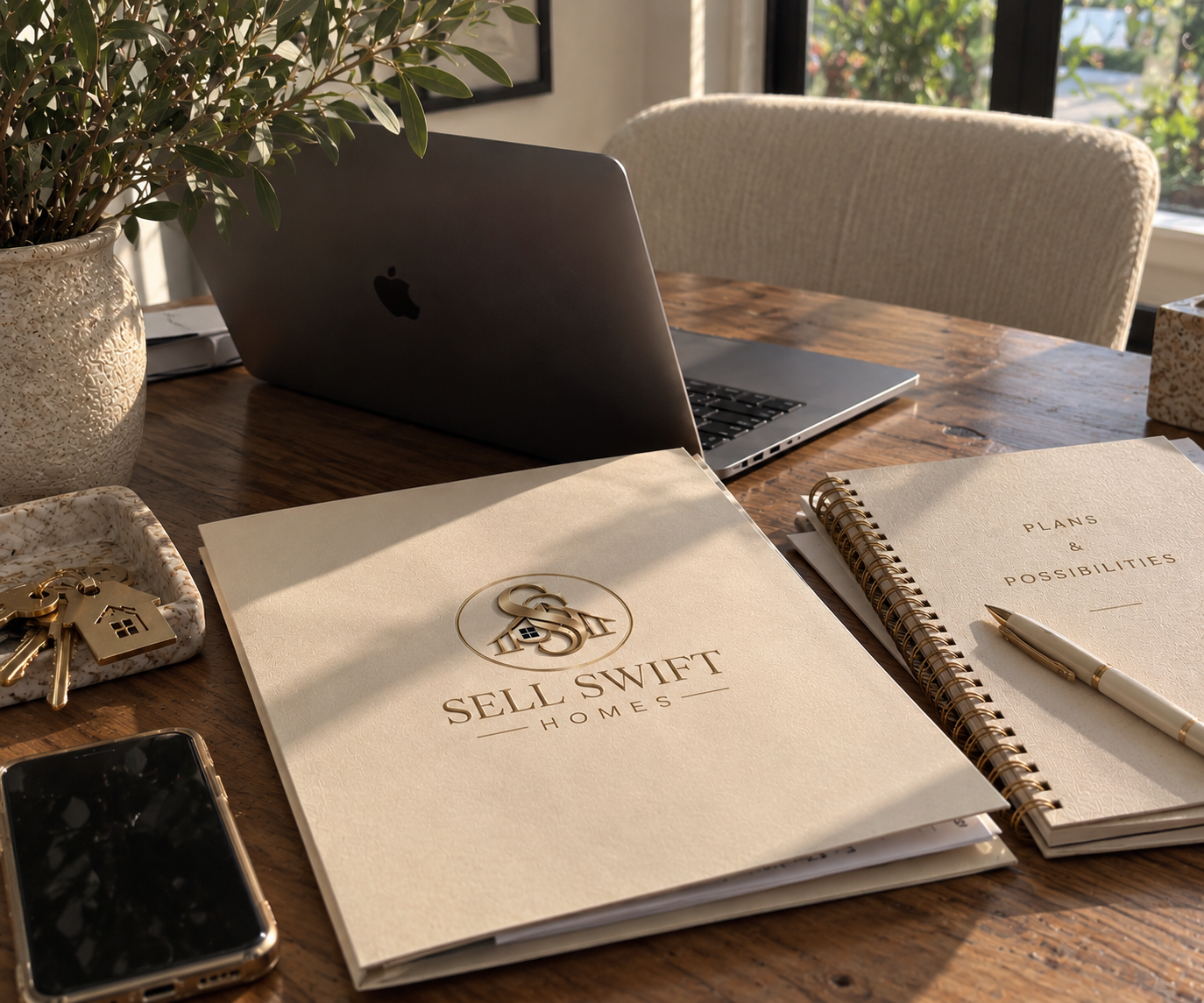 A desk setup with a laptop, a notebook labeled 'Plans & Possibilities', another folder labeled 'Sell Swift Homes', a pen, keys with a house keychain, a phone, a plant, and some decorative boxes, in a well-lit room with windows.