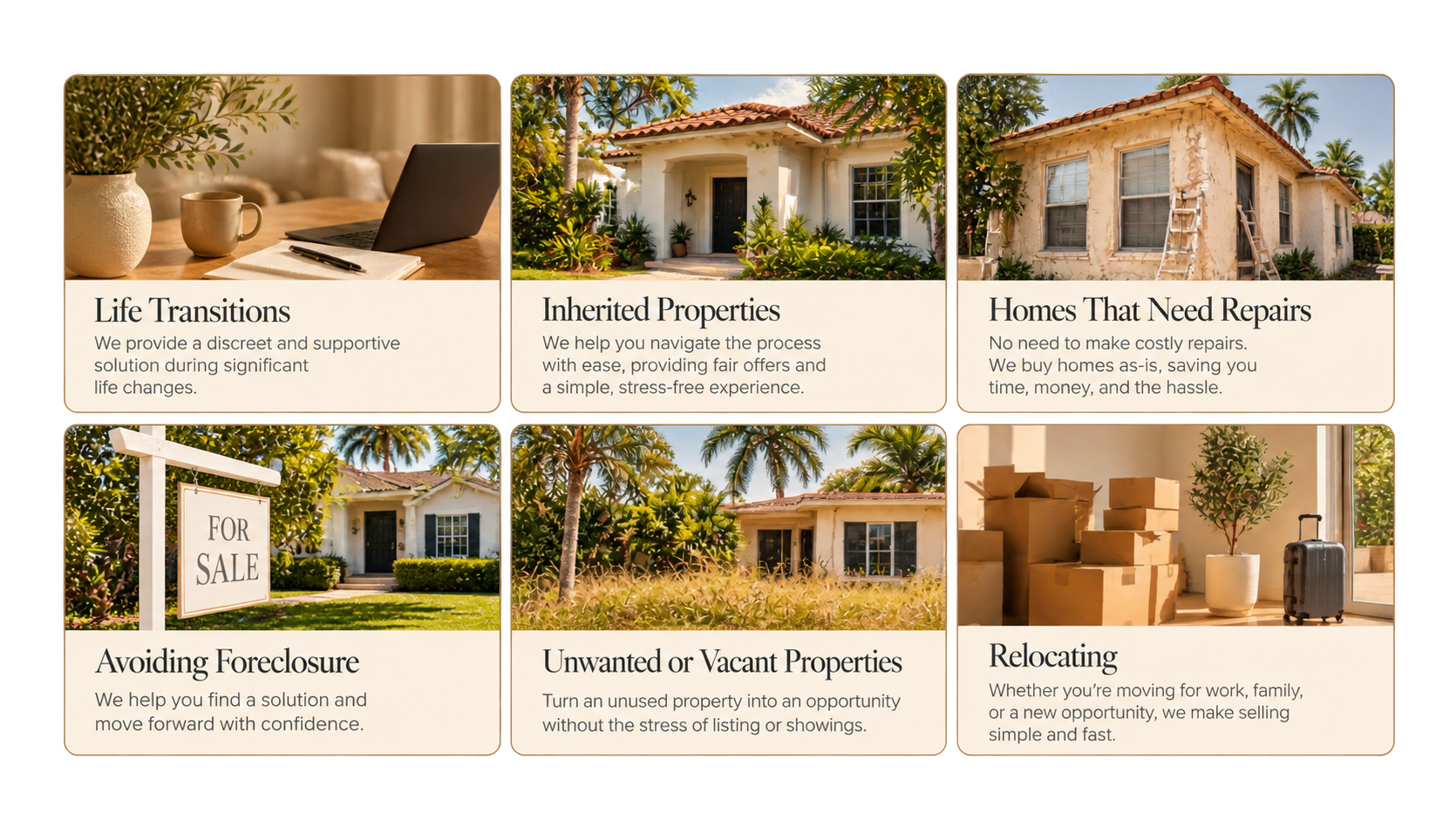 Grid of six real estate-related images with descriptive text. Top row: Discreet and supportive life transition solutions, inherited property navigation, fixing homes needing repairs. Bottom row: House for sale sign, vacant property with overgrown grass, interior with moving boxes, luggage, and a potted plant.
