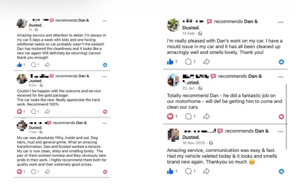 5 star reviews mobile detailing and valeting for Dan & Dusted, they come to the customer's house or workplace or on the street. Customers are extremely happy with Dan & Dusted as they are very good at customer service and best car wash in Essex.
