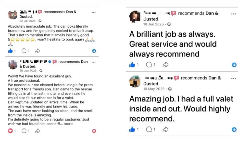 Dan & Dusted mobile valeting done right. Great reviews, customers are very happy with Dan & Dusted. Best company for valeting and detailing covering Writtle, Dunmow, Sawbrigeworth, Cheshunt, Stansted, Great Notley, Hatfield Heath, Epping.