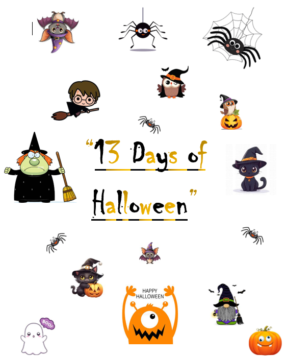 Halloween-themed illustration featuring cartoon bats, spiders, witches, black cats, pumpkins, ghosts, an owl, and the text “13 Days of Halloween.”