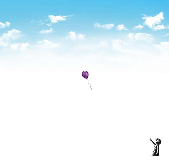 Child reaching toward a floating purple balloon beneath a bright blue sky