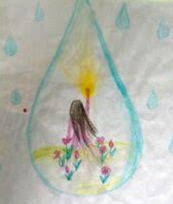Child’s drawing of a teardrop-shaped figure with a yellow flame, colorful flowers, and blue raindrops