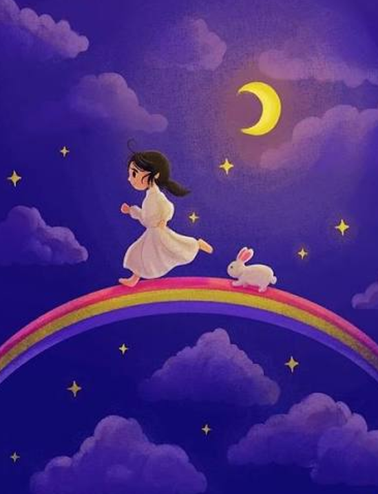 Illustration of a girl in a white dress walking with a white rabbit across a rainbow under a crescent moon and starry purple sky