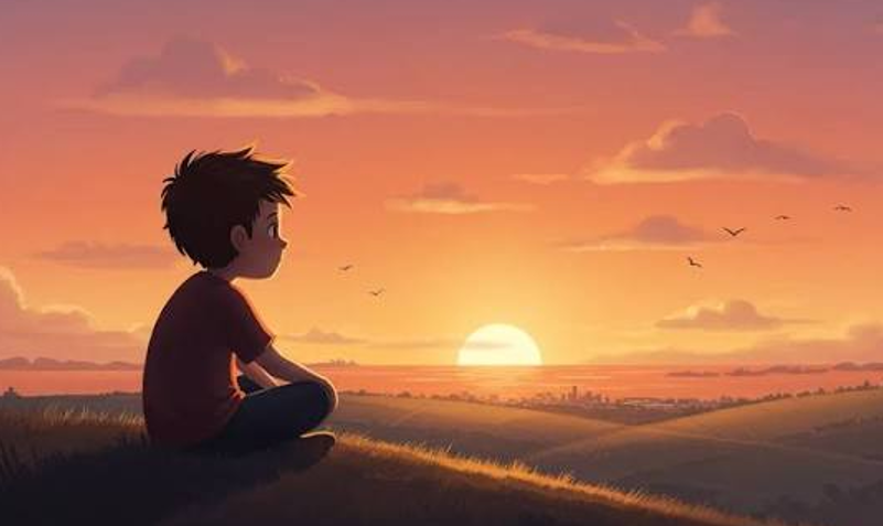Silhouette of a boy sitting on a grassy hill overlooking a city at sunset, with birds flying across the orange sky.