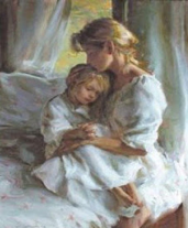 Painting of a mother holding her young daughter in a softly lit bedroom