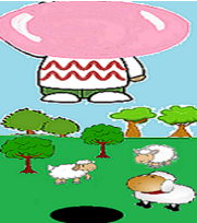 Cartoon mushroom house with a pink cap in a green meadow, surrounded by trees, sheep, and a black hole.