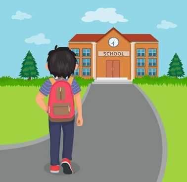 Child with a red backpack walking toward a school building