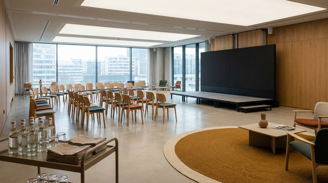 Conference room with chairs arranged for an event, large windows showing city buildings, stage with black backdrop, round rug, coffee table with magazines and decorative object, water bottles and towels on cart.