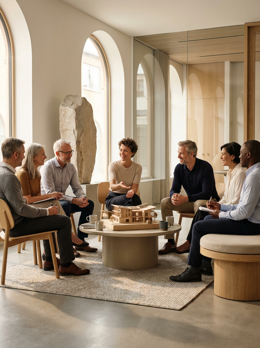 A diverse group of seven people sitting around a coffee table engaged in conversation in a bright, modern room with large arched windows and wooden accents.