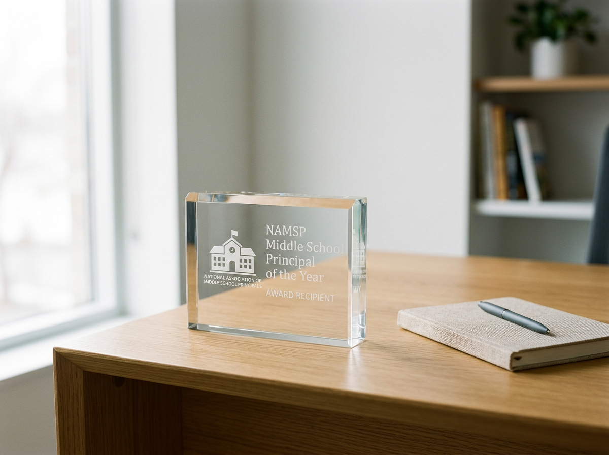 A glass award plaque on a wooden desk with an inscription for Middle School Principal of the Year, awarded by the National Association of Middle School Principals. There is a closed notebook with a pen on top next to the plaque. In the background, a window and a bookshelf with books and a plant are visible.