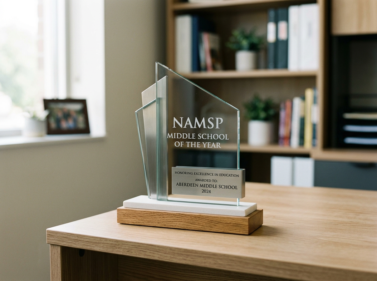 Glass award with wooden base on a wooden table, inscribed with 'NASMP Middle School of the Year 2024' and a plaque reading 'Honoring Excellence in Education Awarded to Aberdeen Middle School 2024'.