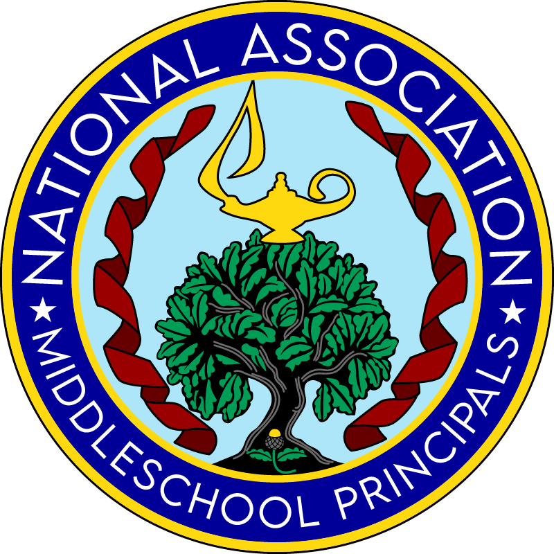 Seal of the Middle School Principals of the National Association with a blue background, a tree, a lamp, and red ribbon decoration.