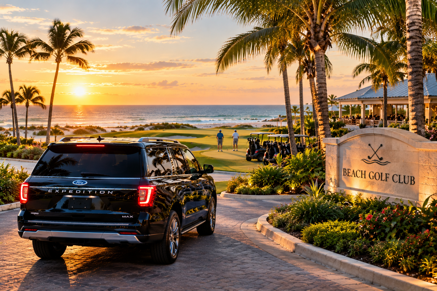 Ford Expedition SUV at a tropical beach golf club entrance during sunset, with palm trees, golf carts, ocean views, and a clubhouse.