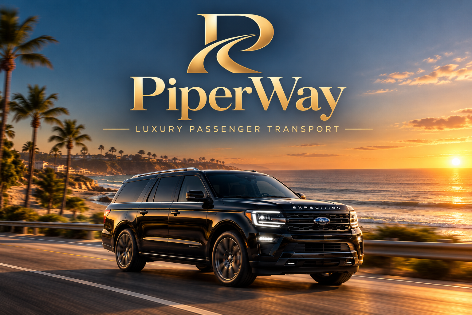 Black Ford Expedition luxury SUV driving along a palm-lined coastal highway at sunset with PiperWay luxury passenger transport branding