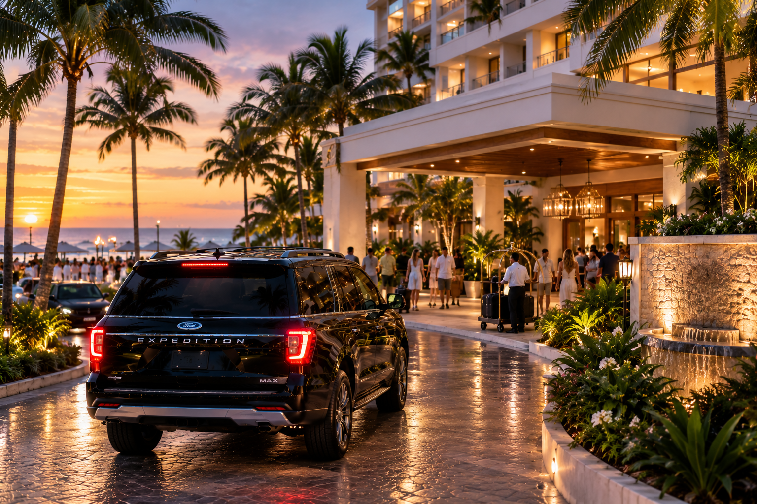 Black Ford Expedition Max SUV outside a luxury beachfront resort at sunset, with palm trees and hotel guests.
