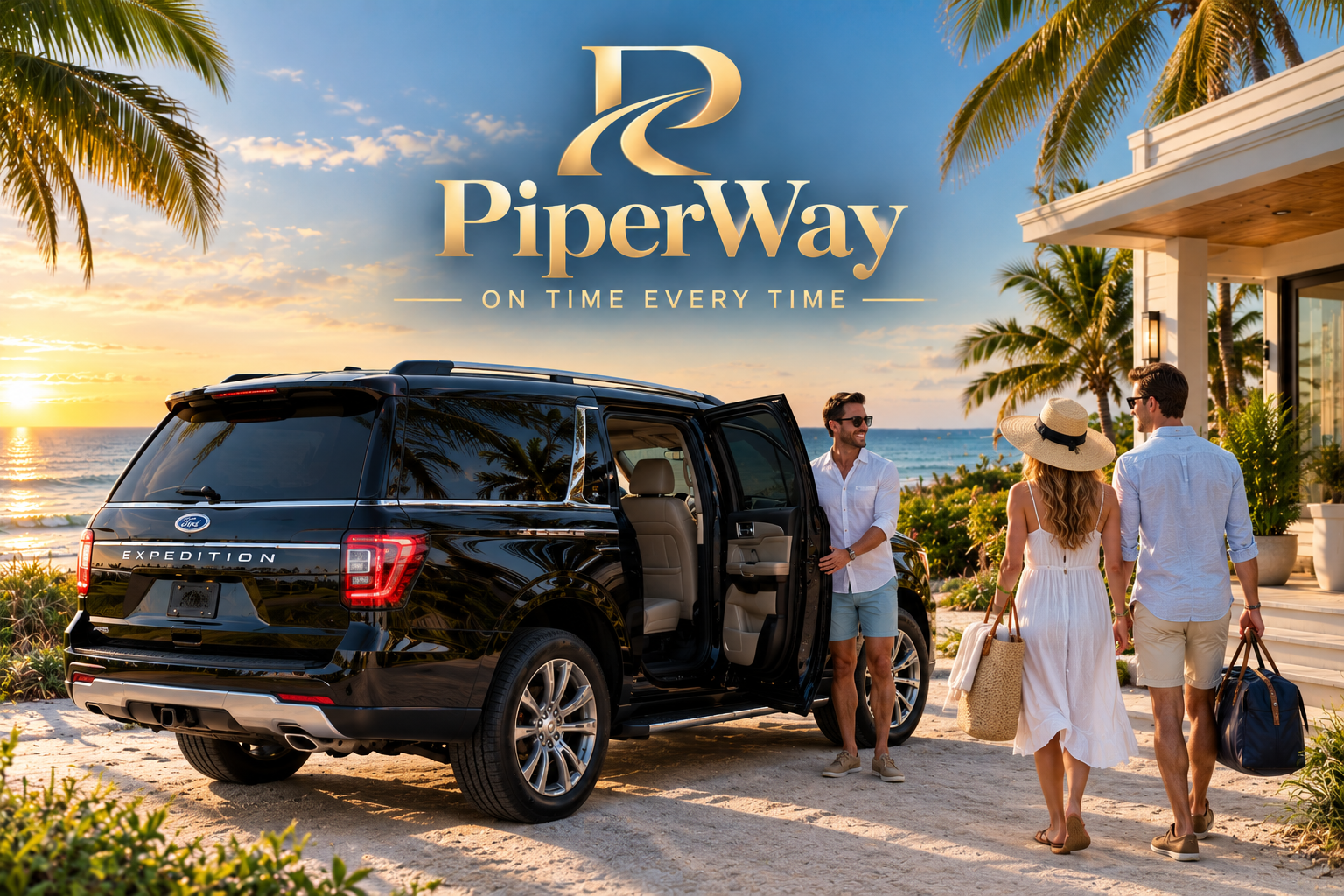 PiperWay beach transportation service logo above a black Ford Expedition SUV with passengers and luggage outside a tropical beachfront villa at sunset