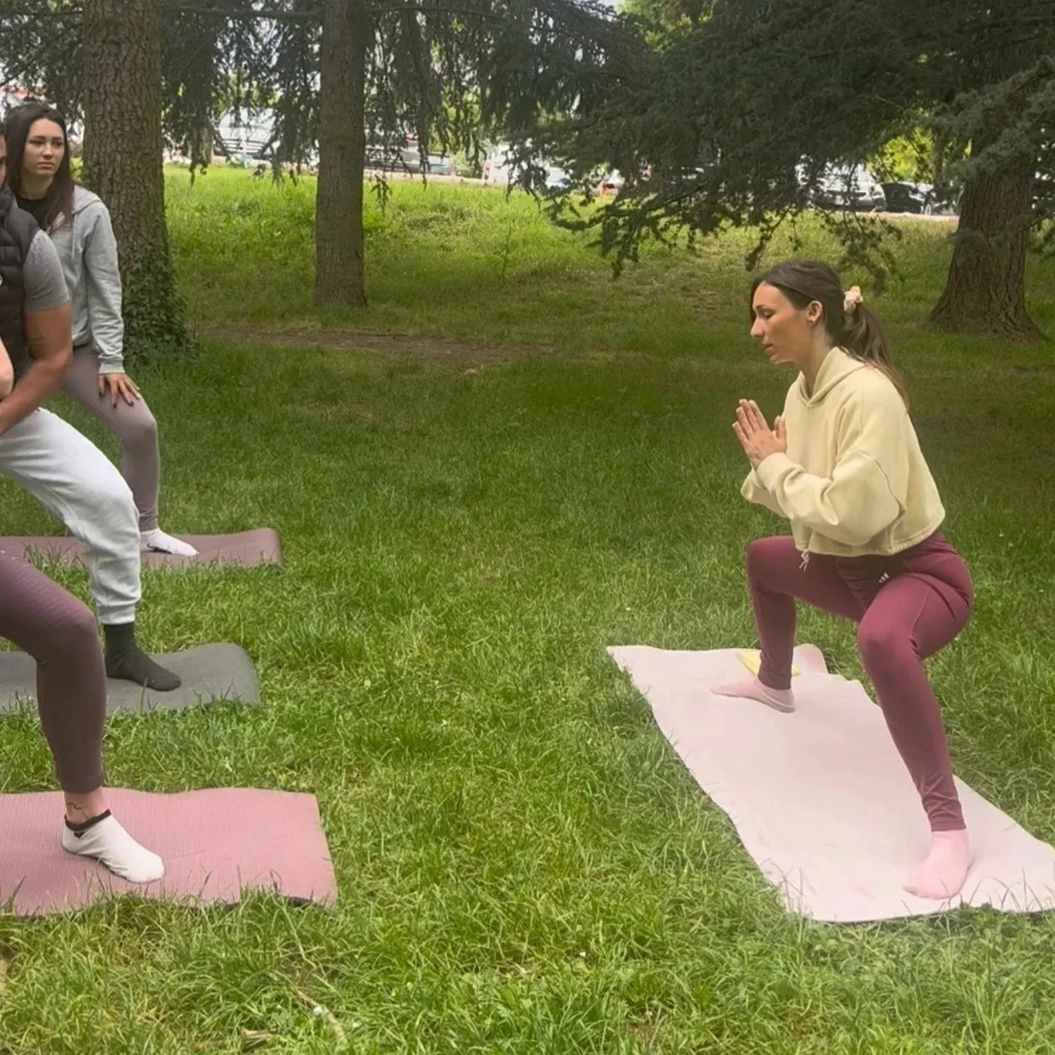 Groupe de personnes faisant des exercices de yoga en plein air dans un parc, pratiquant la posture de malasana sur des tapis de yoga.