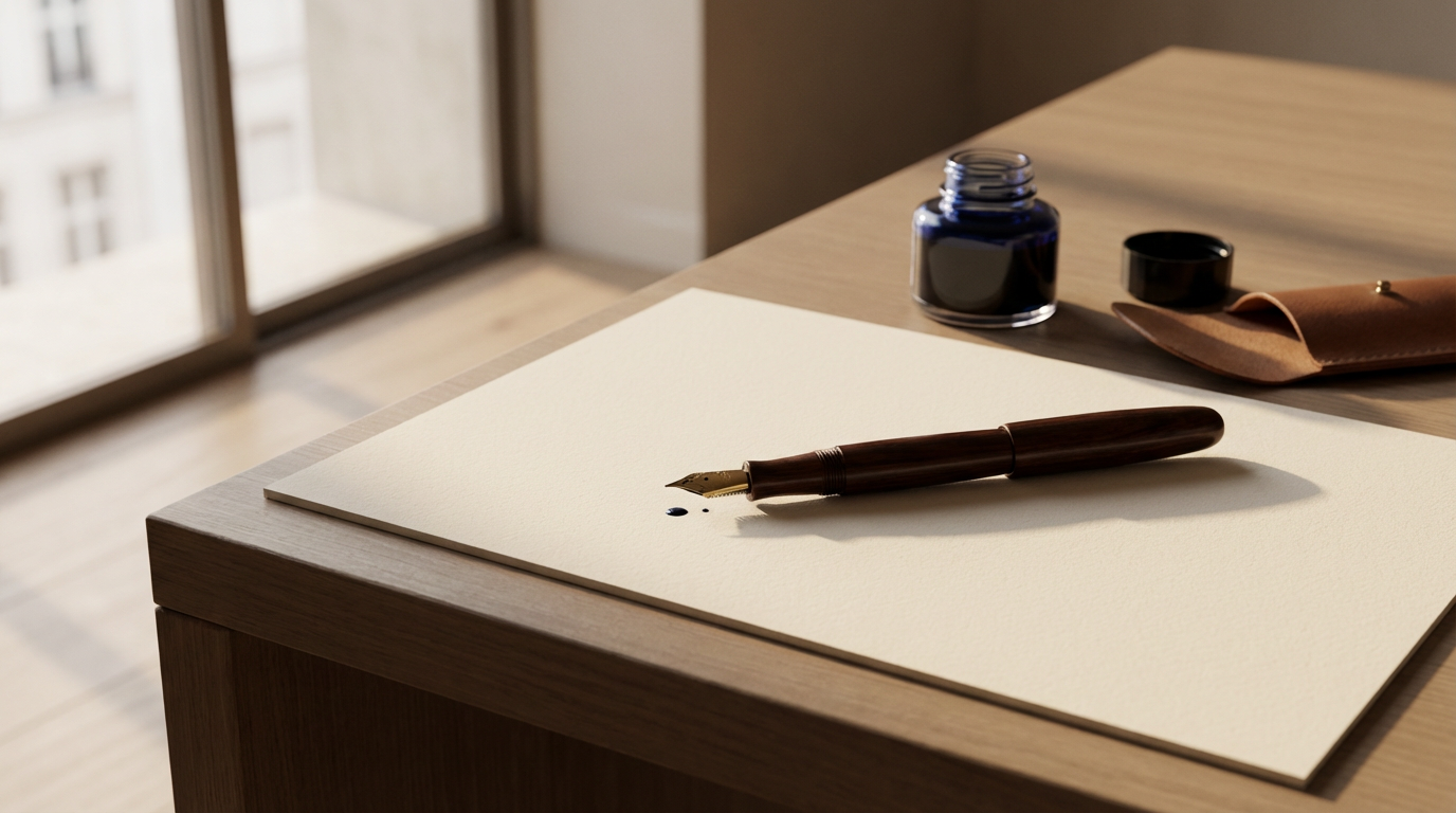 Fountain pen resting on blank paper beside an ink bottle and leather case on a wooden desk