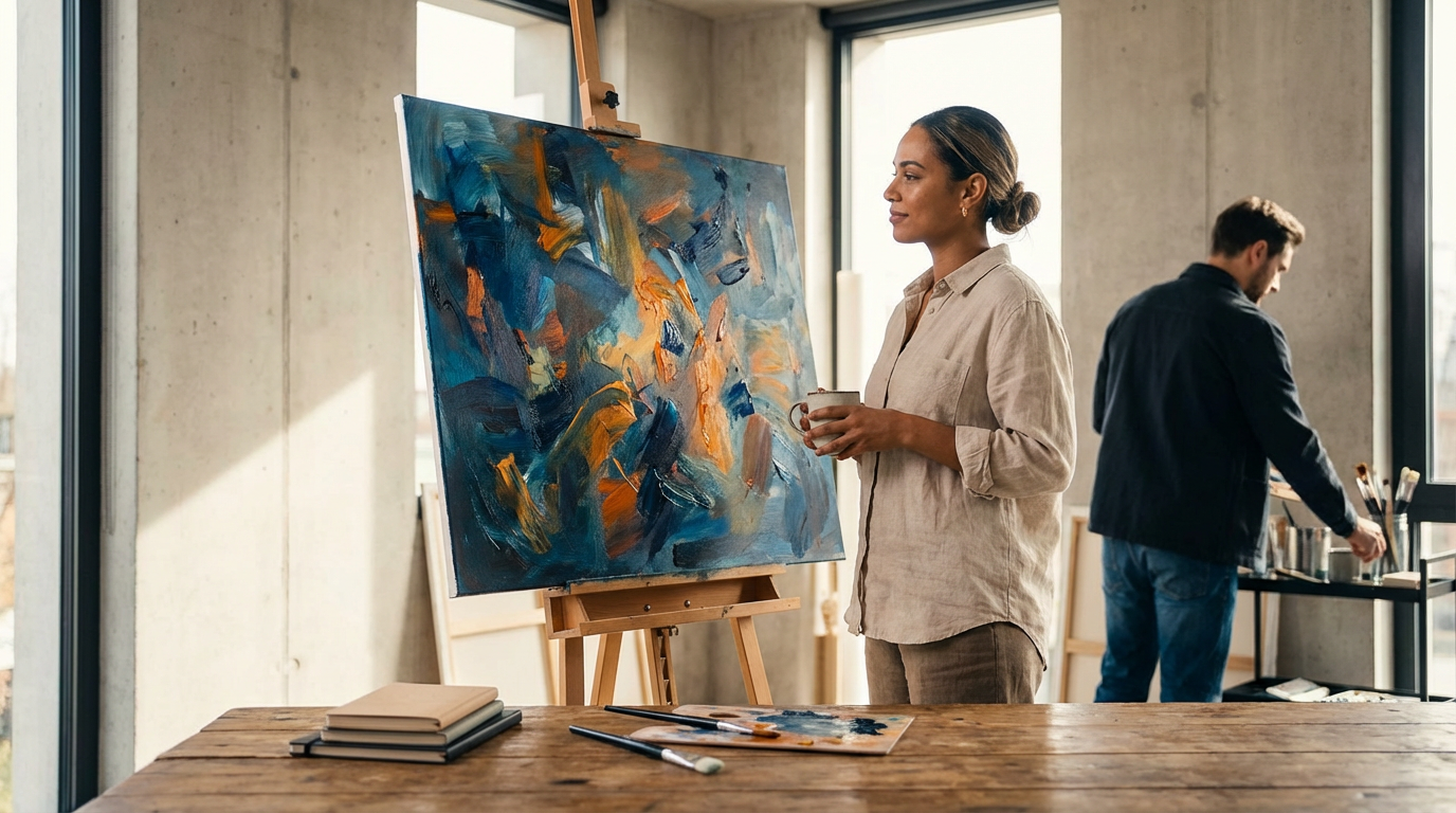 Artists working in a sunlit studio with an abstract blue and orange painting on an easel