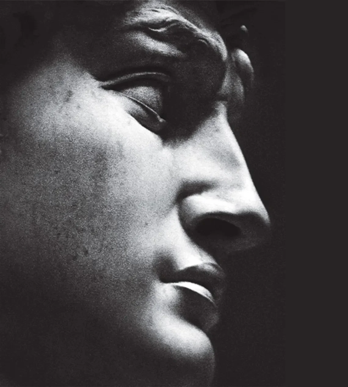 Close-up black and white image of Michelangelo's David.